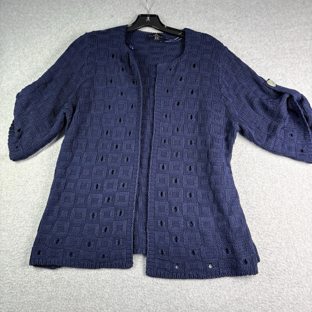 Marble Open Knit Cardigan Sweater Women's XL Blue Crochet Roll Tab Sleeve